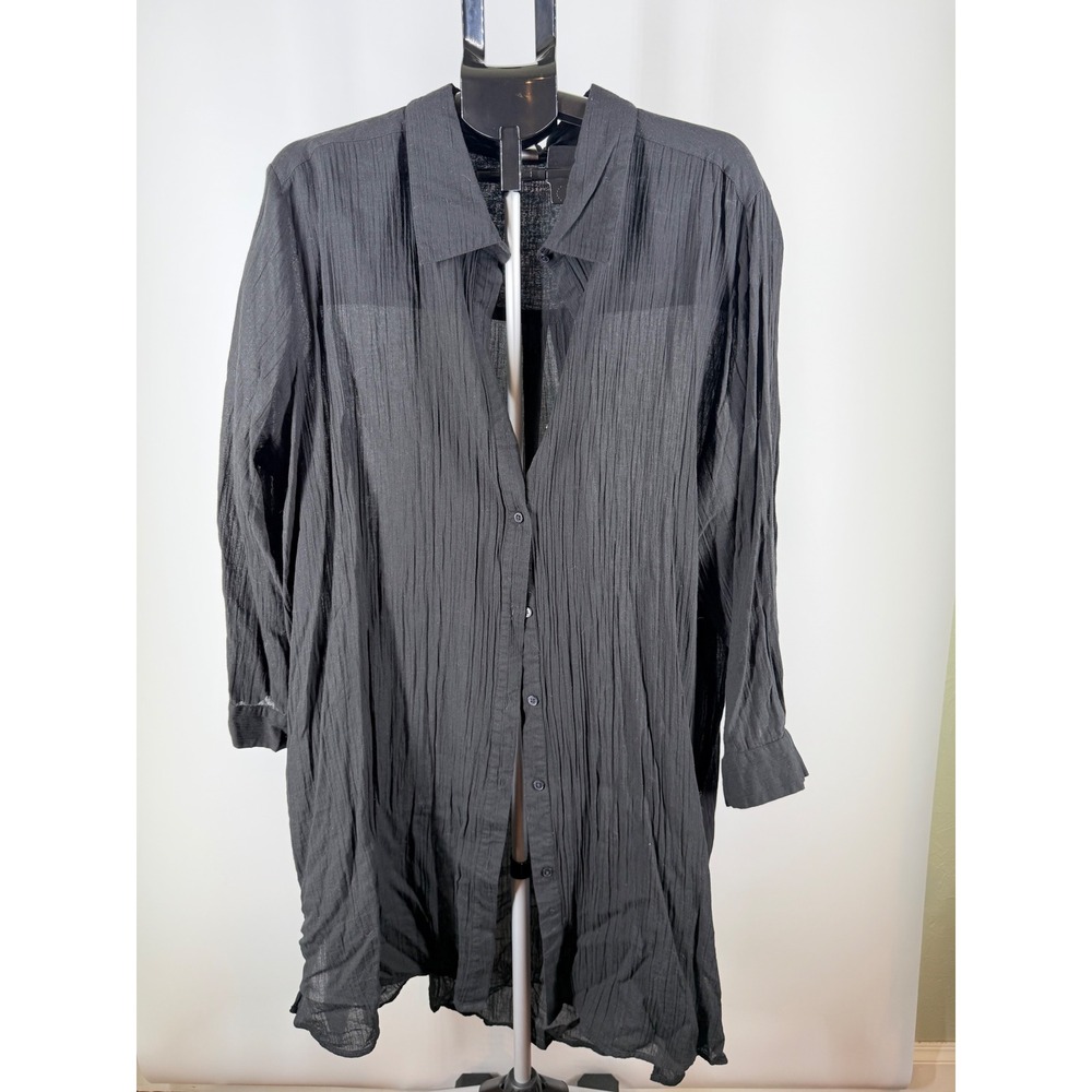 Swimsuits For All Black Crinkle Button Front Beach Cover Up Shirt Dress 26/28